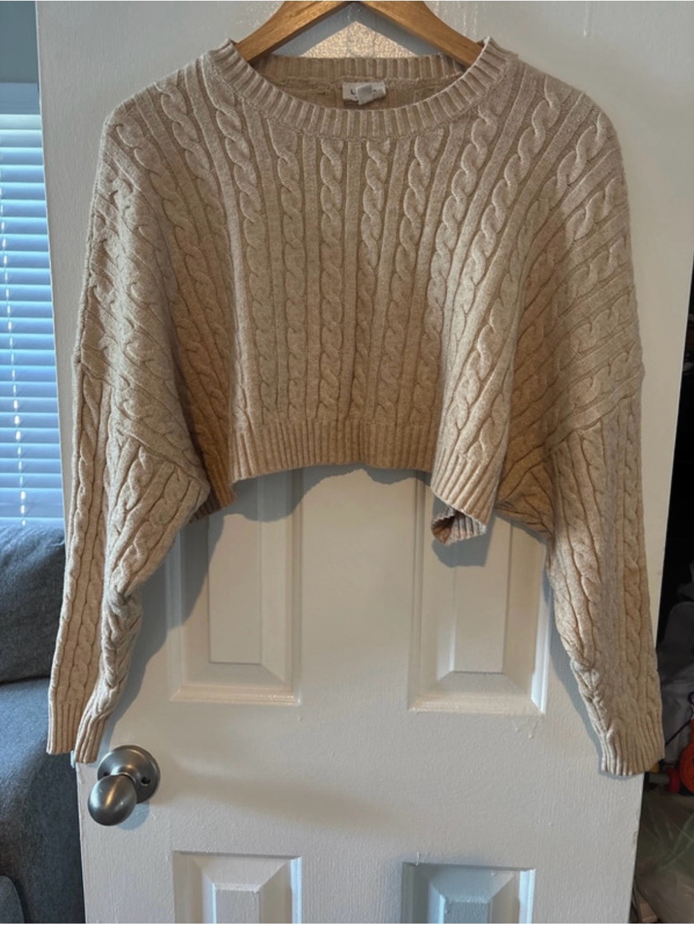 Le Lis Beige Cropped Cable-Knit Crewneck Sweater